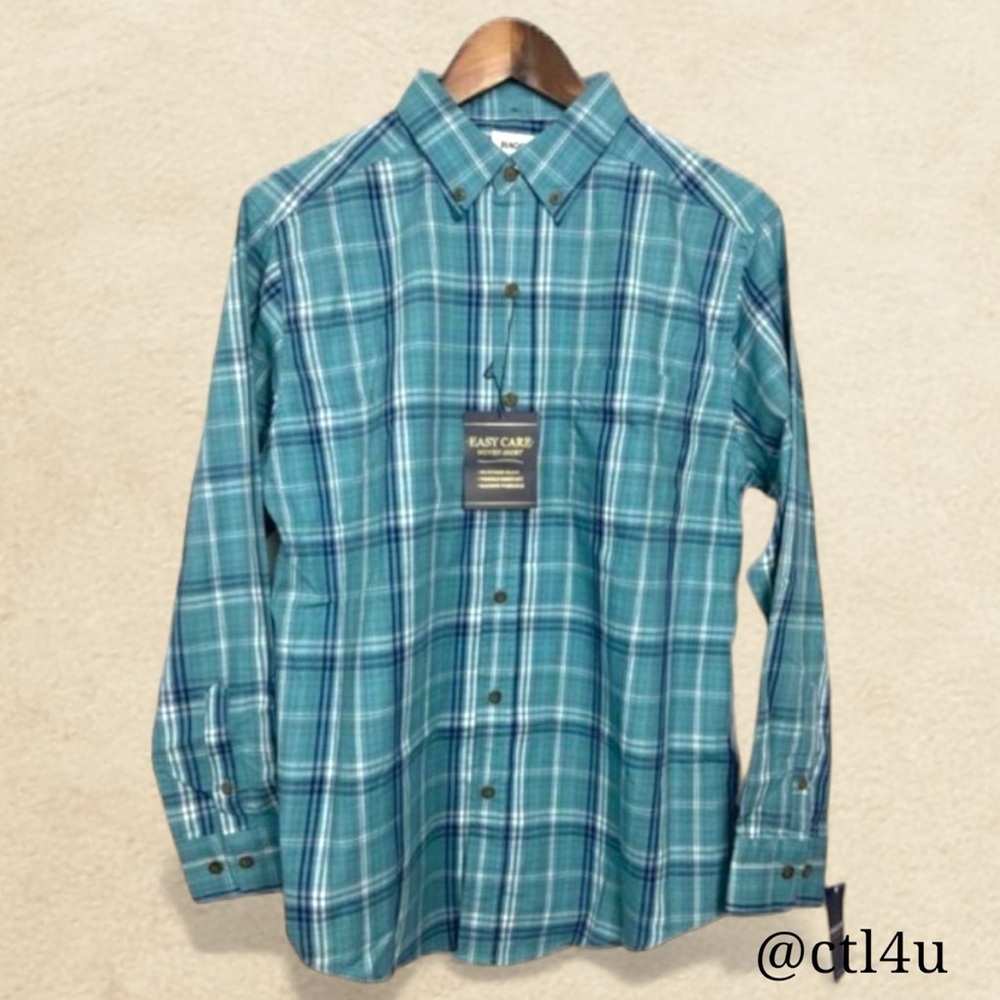 NWT Haggar Teal Plaid Button-Up Shirt Size S Easy Care Workwear Grandpacore